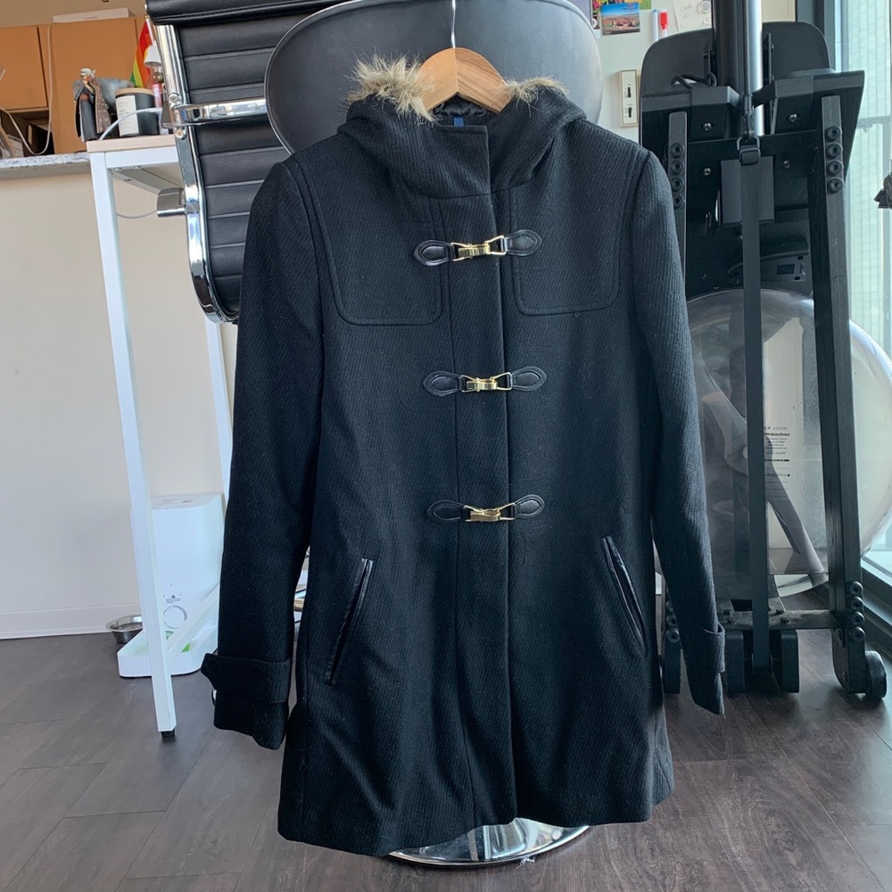 COLE HAAN Black Wool Blend Coat with Faux Fur Hood